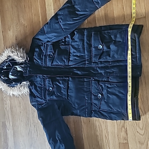 Tommy Hilfiger Black Winter Coat Faux Fur Trim Hood Women's Size Small - Picture 9 of 16